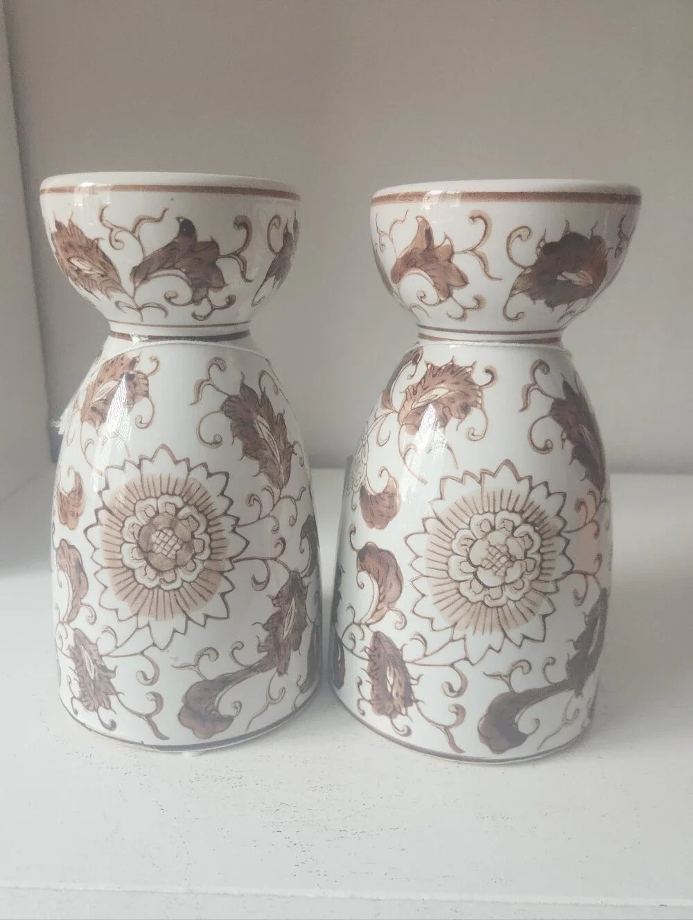 White and Brown Chinoiserie Floral Ceramic Candle Holders - Set of 2